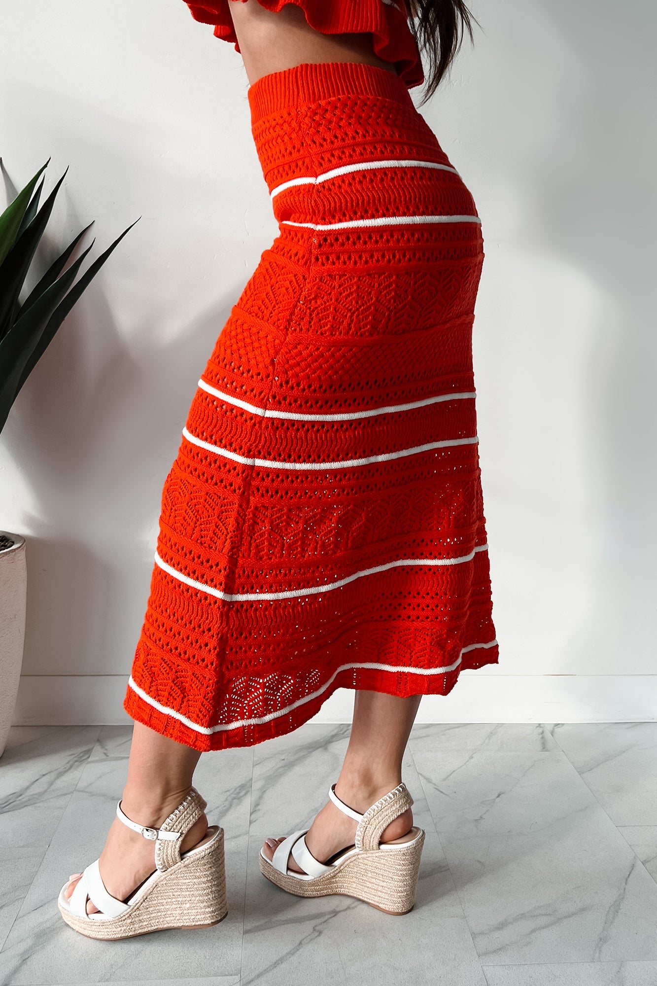 Playful & Pretty Open Knit Sweater Midi Skirt (Red Orange)